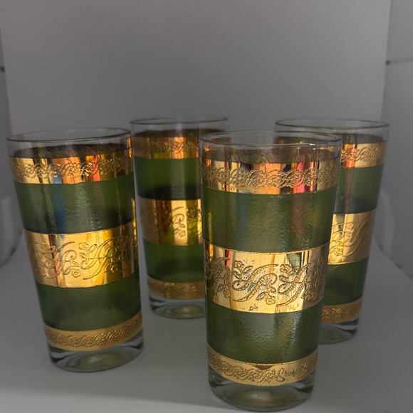Other - MCM Style Green and Gold Decal/Scroll Highball Glasses